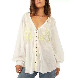 Free People Margie Embroidered Cotton Button Front Top White Blouse